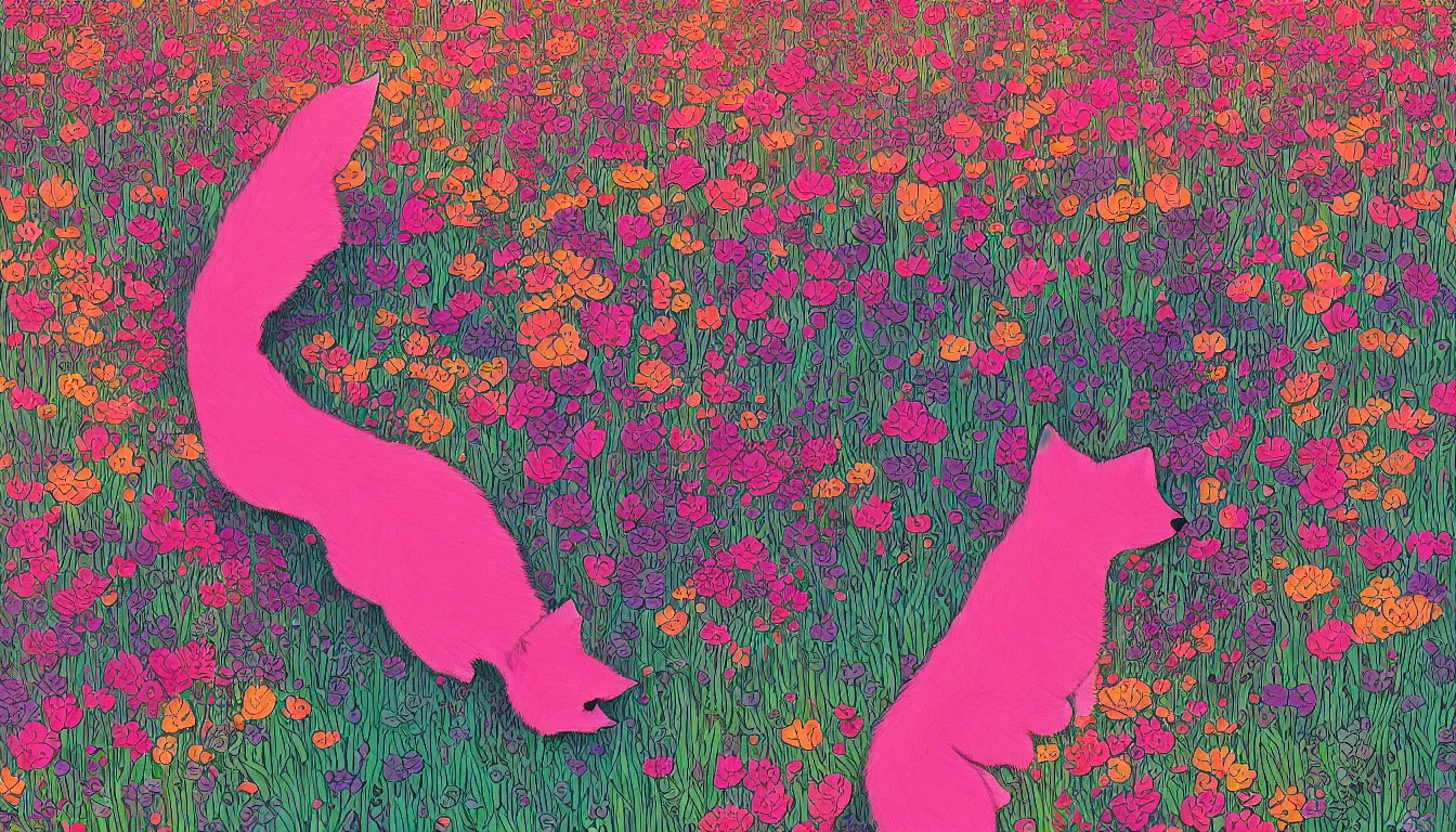 Image similar to pink fox head popping out of a field of multi colored flowers by kilian eng, victo ngai, josan gonzalez