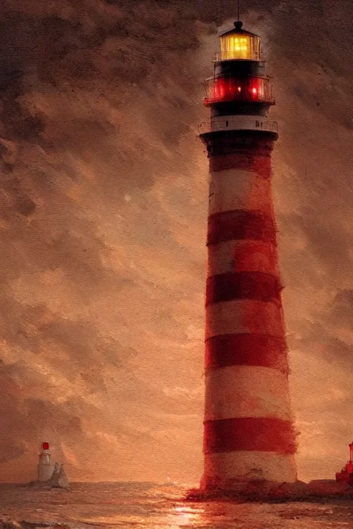 Prompt: imagine a ship in a bottle but instead of a ship a lighthouse is in the bottle, red and white lighthouse, dramatic lighting, masterpiece painting by greg rutkowski