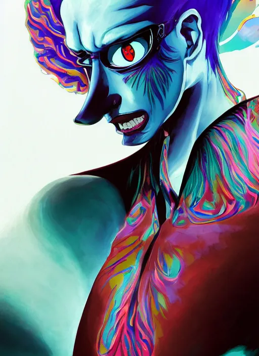 Image similar to portrait of a psychedelic demon, digital painting masterpiece, advanced lighting technology, stylized yet realistic anatomy and face, gorgeous, by reiq and bengus and akiman and shigenori soejima and bastien vives and balak and michael sanlaville and jamie hewlett, 4 k wallpaper, cinematic, gorgeous brush strokes, coherent and smooth