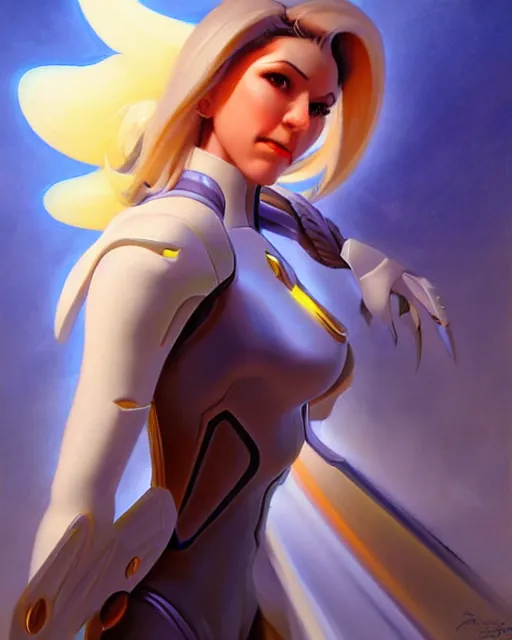 Image similar to mercy from overwatch, character portrait, portrait, close up, vintage fantasy art, vintage sci - fi art, radiant light, caustics, by boris vallejo