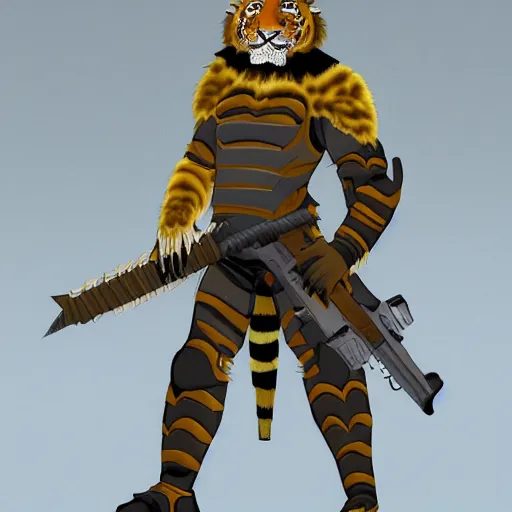 Prompt: !dream a humanoid tiger man with grey fur in full body armor yellow eyes, and grey fur with teeth that protrude past their lower jaw holding rifles