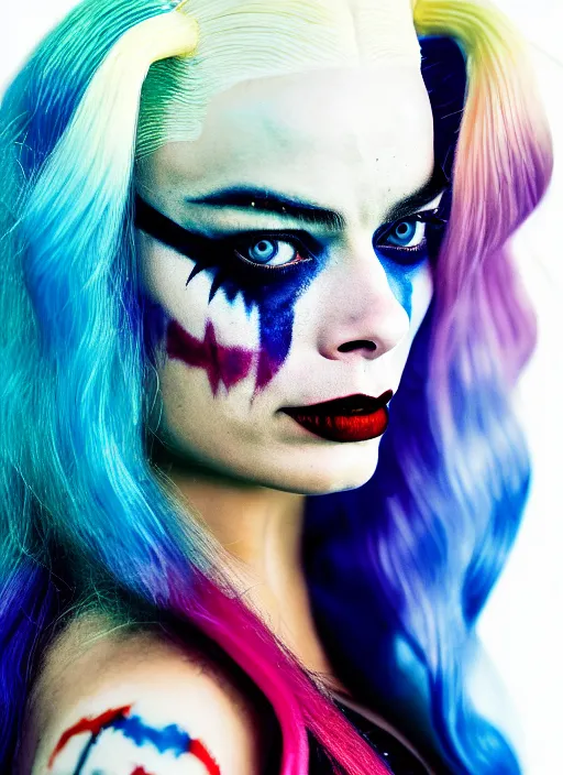 Image similar to 2 8 mm side portrait of beautiful suicide squad happy margot robbie with long white hair that looks like harley quinn, gotham city double exposure, angry frown, glamour pose, watercolor, frank miller, annie leibowitz