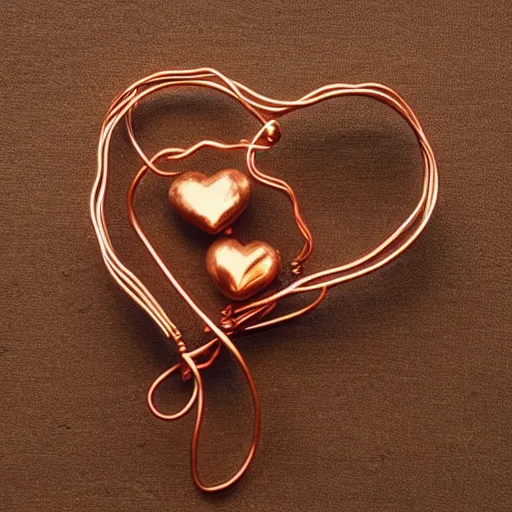 Image similar to a very beautiful tiny human heart organic sculpture made of copper wire and threaded pipes, very intricate, curved. studio lighting, high resolution, high quality, black background