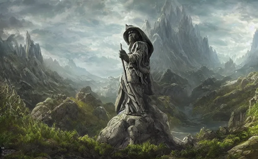 Prompt: A large statue of a wizard guarding a river valley, landscape art, concept art, intense, fantasy, inspiring