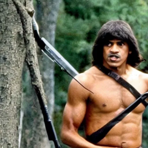 Prompt: A still of Obama as Rambo in Rambo First Blood (1982)