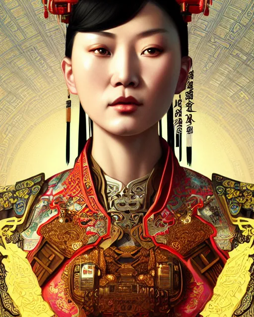 Image similar to portrait of a chinese cyberpunk machine, machine face, upper half portrait, decorated with chinese opera motifs, regal, asian, fine china, wuxia, traditional chinese art intricate intense elegant 京 剧 highly detailed digital painting artstation concept art smooth sharp focus illustration, art by artgerm and greg rutkowski alphonse mucha 8 k