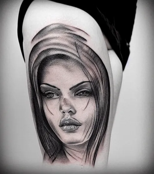 Image similar to tattoo design sketch of a beautiful woman face with a mountain scenery on her side, hyper - realistic, double exposure, in the style of matteo pasqualin, amazing detail, black and white, faded