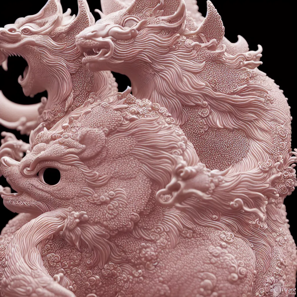 Image similar to A Close up photo-real delicate ceramic porcelain sculpture of an ornate detailed kitsune in front of a intricate background by Victo Ngai and takato yamamoto, micro detail, backlit lighting, subsurface scattering, translucent, thin porcelain, octane renderer, Pink and Black, physically based rendering, japanese pottery, trending on cgsociety