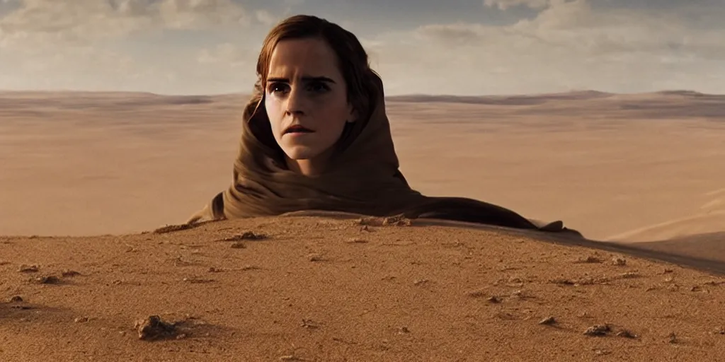 Image similar to Movie Still of Emma Watson in Dune (2021), landscape, endless sea of desert, 4k, cinematic