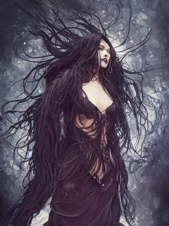 Prompt: full body picture of a witch with exoskeleton wanna play with you, cynical, bored, beautiful and aesthetic, intricate, unreal engine, messy hair, highly detailed, detailed face, smooth, sharp focus, chiaroscuro, manga illustration, artgerm, greg rutkowski, alphonse mucha, young adult light novel cover art