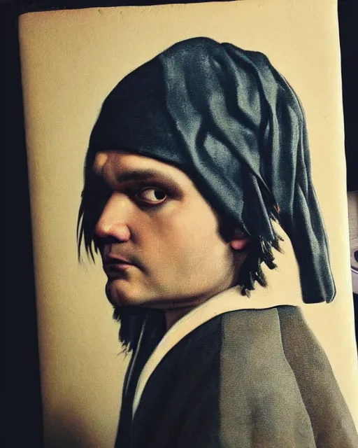 Image similar to “Detailed portrait of Gerard Way by Vermeer, moody lighting”