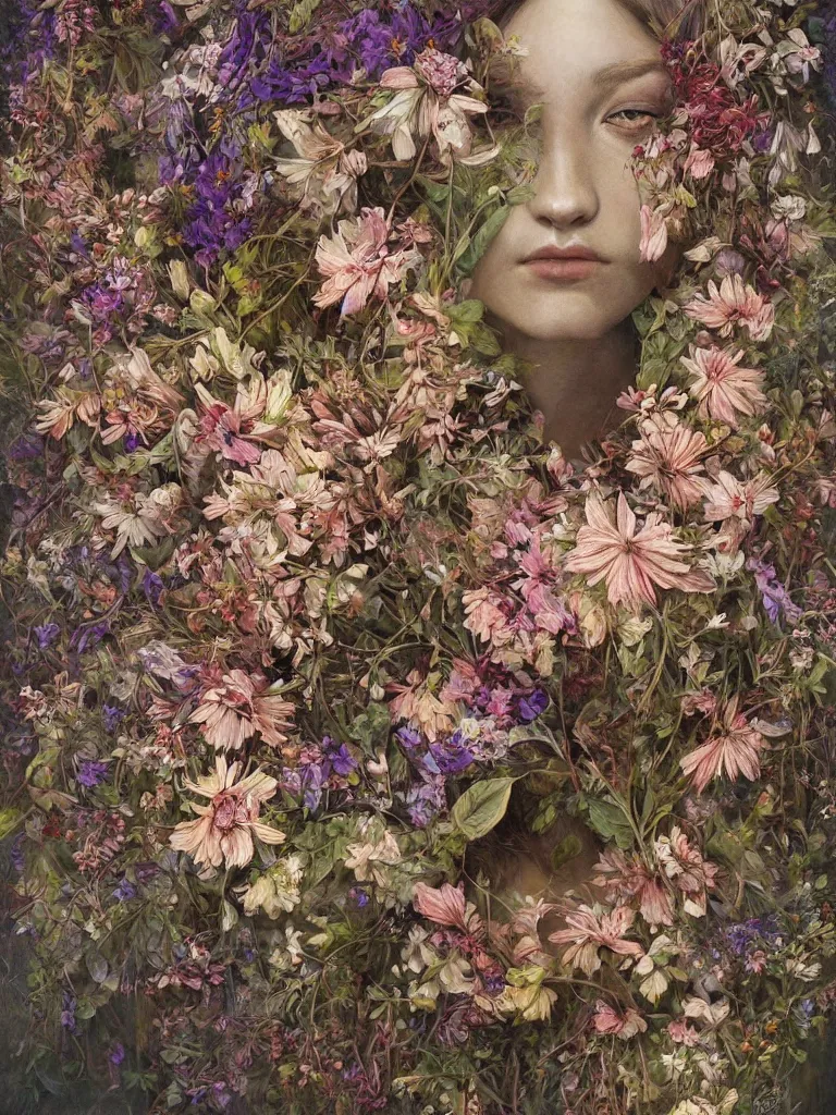 Image similar to a chaotic whirlwind of wildflowers and leaves, intricate details, aesthetically pleasing and harmonious natural colors, art by marco mazzoni, impressionism, detailed, dark, flowers