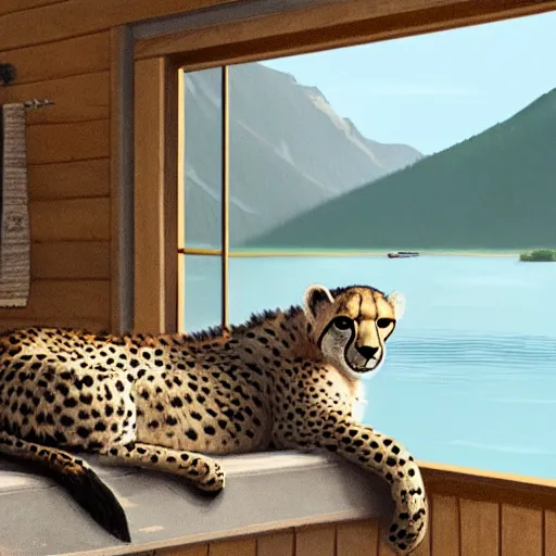 Prompt: a cheetah in a cabin by a lake, artstation, award - winning, serene,