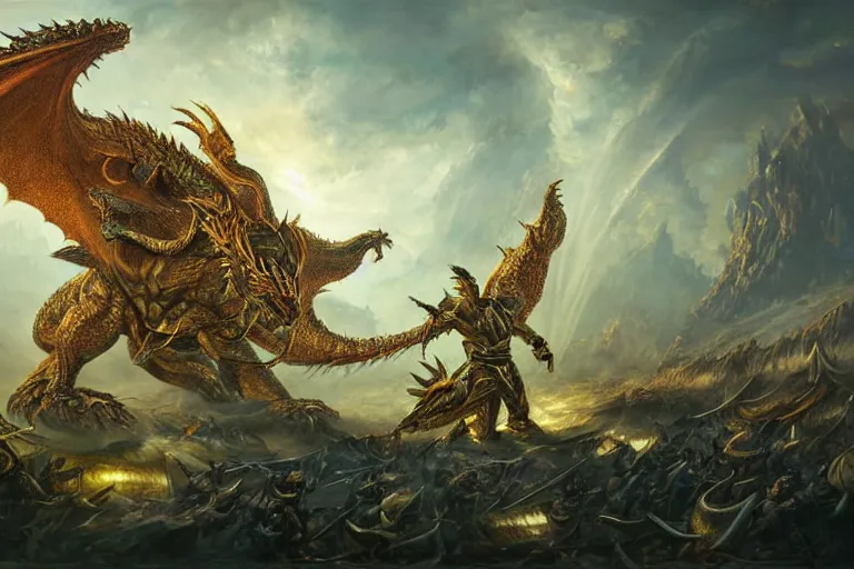 Image similar to ultra realist soft painting of an epic army facing a gigantic dragon, very intricate details, golden ratio, volumetric rainbow lighting, reflections, refractions, symmetry accurate anatomy features, fantasy war scene background, unreal render, Boris Vallejo artstyle