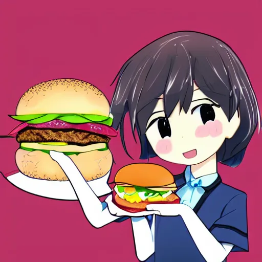 Prompt: natsuki from doki doki literature club enjoying a hamburger