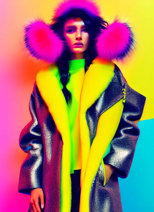 Prompt: coat for a rave With fur, hairstyle, earrings, bright soft colors, soft yellow background, many details, prints, photo for a magazine, photo for a store, fashion photography, Vogue, low angle photo, wide angle , cinematic, hyper realism, high detail, octane render, 8k, chrome accents, very coherent symmetrical artwork, perfect face model, Soft light, Reduced contrast