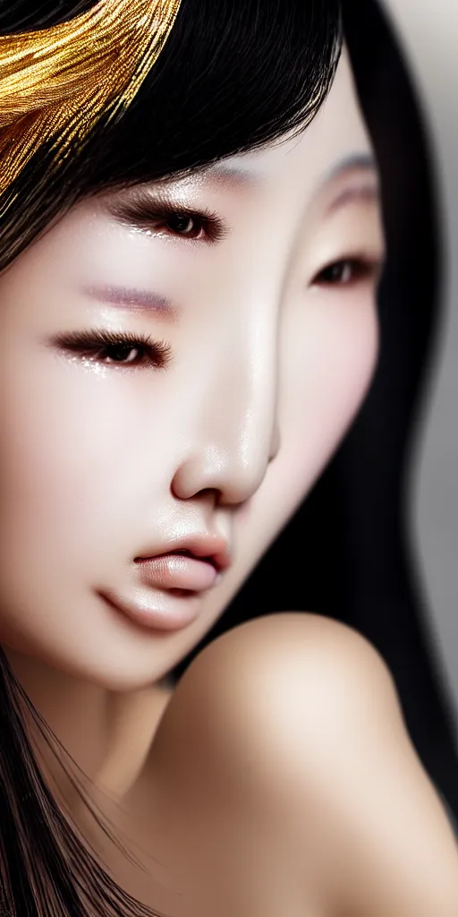 Image similar to hypperrealistic close-up of beautiful chinese woman with silver hair and shimmery gold skin alberto mielgo