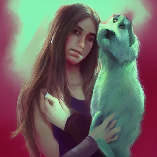 Image similar to portrait of a woman and her giant monster pet, artstation