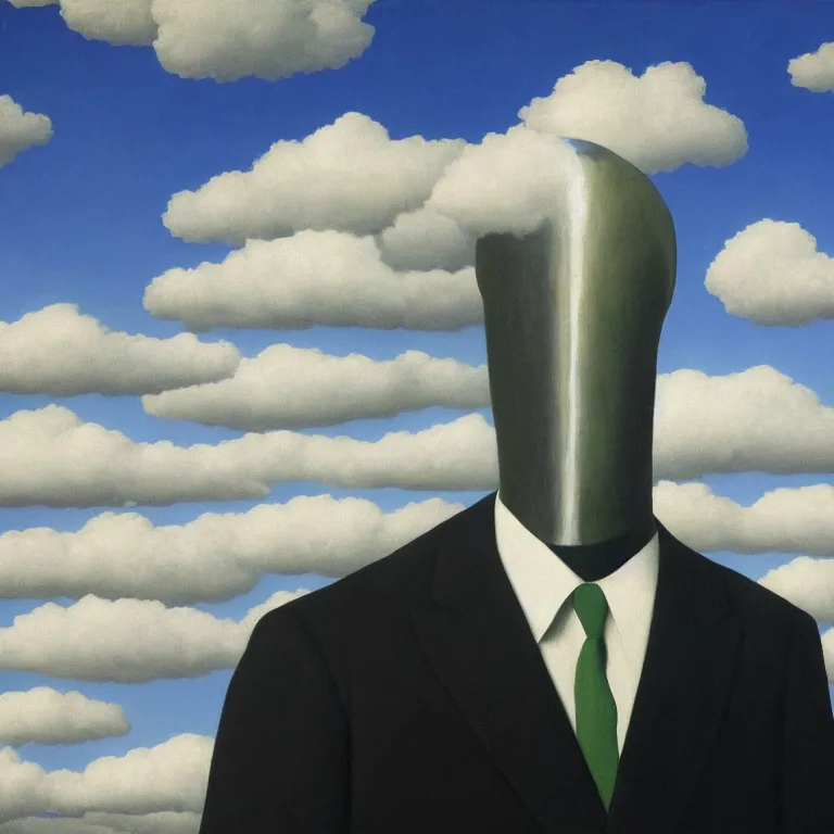 Prompt: portrait of a faceless chrome - head man in a suit, clouds in the background, by rene magritte, detailed painting, distance, centered, hd, hq, high resolution, high detail, 4 k, 8 k