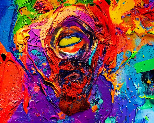 Image similar to abstract expressionist portrait of a head showing strong negative emotions painted with very thick impasto paint and acrylic pour and coloured powder explosion and splashing paint and dripping paint and flying paint chunks, dimmed realistic colours, motion blur, hyperrealistic, intricate art photography, anatomically correct, realistic crisp textures, 1 6 k