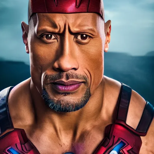 Image similar to dwayne johnson as ironman, photography, headshot, headpiece, female character, canon eos r 3, f / 1. 4, iso 2 0 0, 1 / 1 6 0 s, 8 k, raw, unedited, symmetrical balance, in - frame