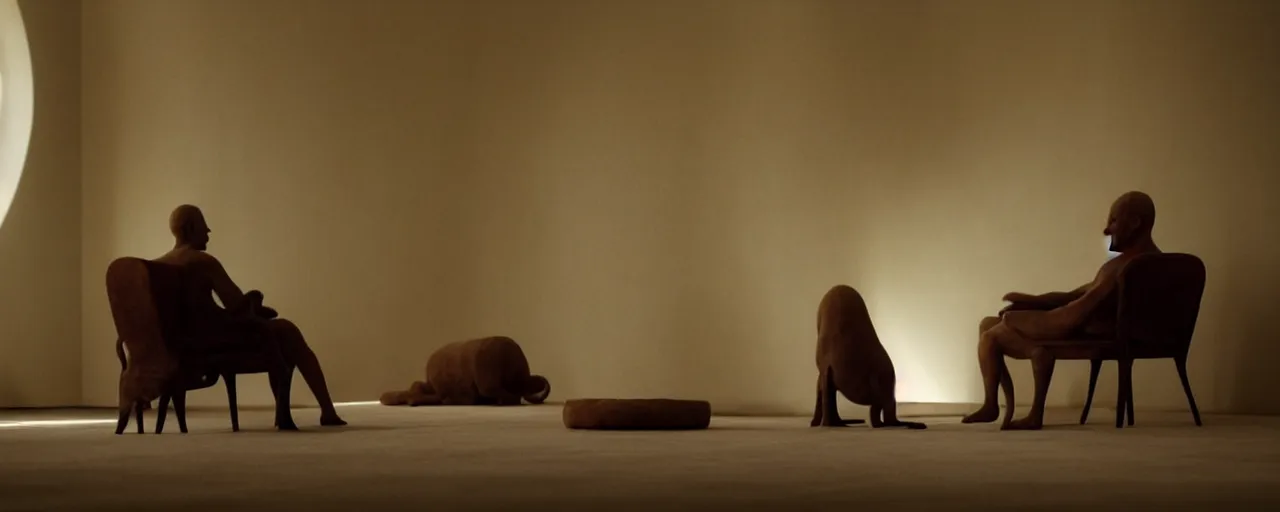 Image similar to a strange creature sits in the living room, film still from the movie directed by Denis Villeneuve with art direction by Zdzisław Beksiński, close up, telephoto lens, shallow depth of field