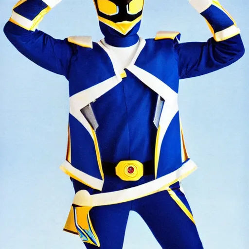 Prompt: a photograph of a super sentai Ranger wearing a dolphin themed blue and white suit, 80s aesthetic