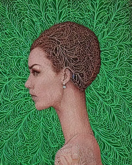 Image similar to a woman's face in profile, made of intricate decorative lace leaves, in the style of casey weldon