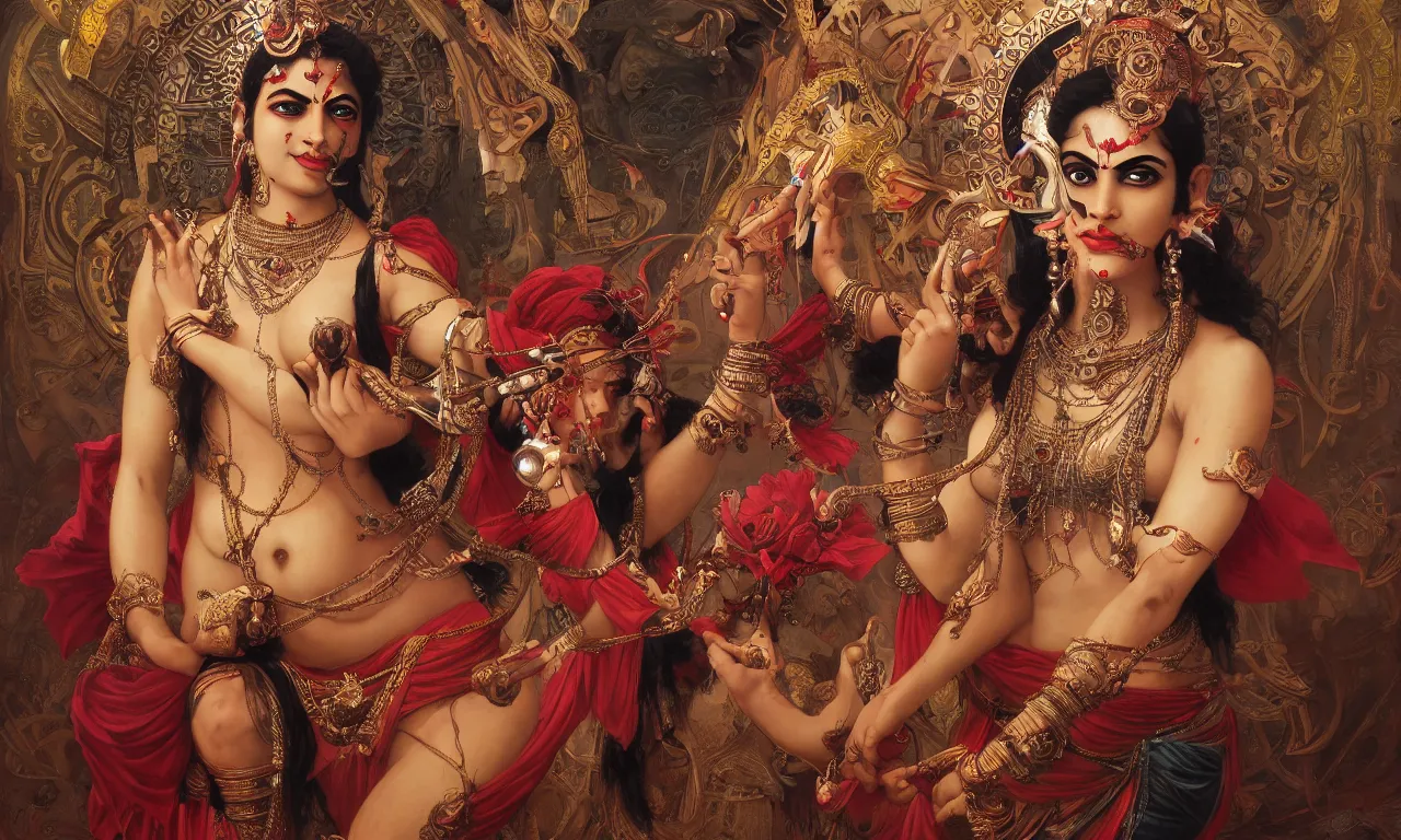 Prompt: Full View of Indian Goddess Kali Ma. Masterpiece 4k digital illustration by Ruan Jia and Mandy Jurgens and Artgerm and William-Adolphe Bouguereau, award winning, Artstation, art nouveau aesthetic, Alphonse Mucha background, intricate details, realistic, panoramic view, Hyperdetailed, 8k resolution, intricate art nouveau, smooth, sharp focus