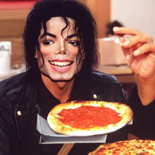 Image similar to Michael Jackson smiles an eats pizza and ramen