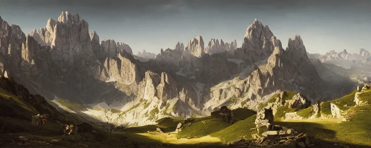 Image similar to dolomites mountain range national geographic photography Bernardo Bellotto digital painting concept art greg rutkowski