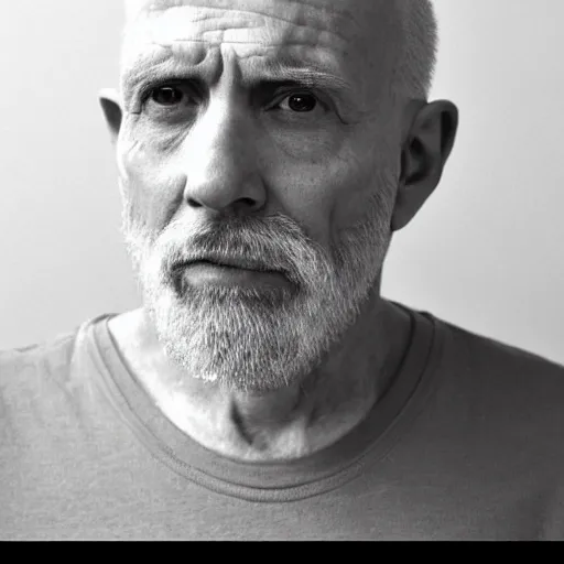 Image similar to A mugshot portrait of a bald old man who looks like Jerma985 with a beard, wearing mid-1980s menswear in the late 2008, taken in the late 2010s, grainy, realistic, hyperrealistic, very realistic, highly detailed, very detailed, extremely detailed, detailed, trending on artstation, front facing, front view, headshot and bodyshot, detailed face, very detailed face