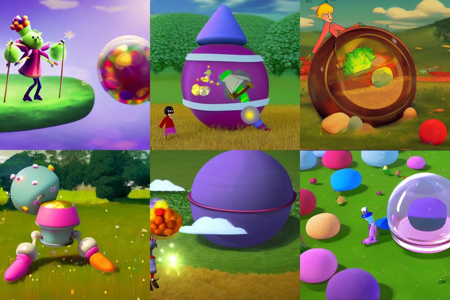 Prompt: the prince from katamari rolling a fishbowl in a field, 4 k
