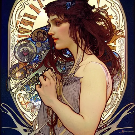 Prompt: realistic concept of time by alphonse mucha, ayami kojima, amano, greg hildebrandt, and mark brooks, female, feminine, art nouveau, victorian, neo - gothic, gothic, character concept design