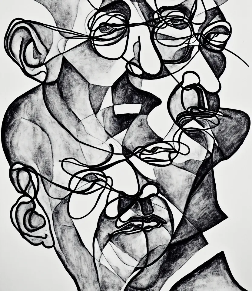 Prompt: elegant line art portrait of mahatma gandhi. inspired by egon schiele. contour lines, graphic musicality, twirls, curls and curves, strong personality, staring at the viewer