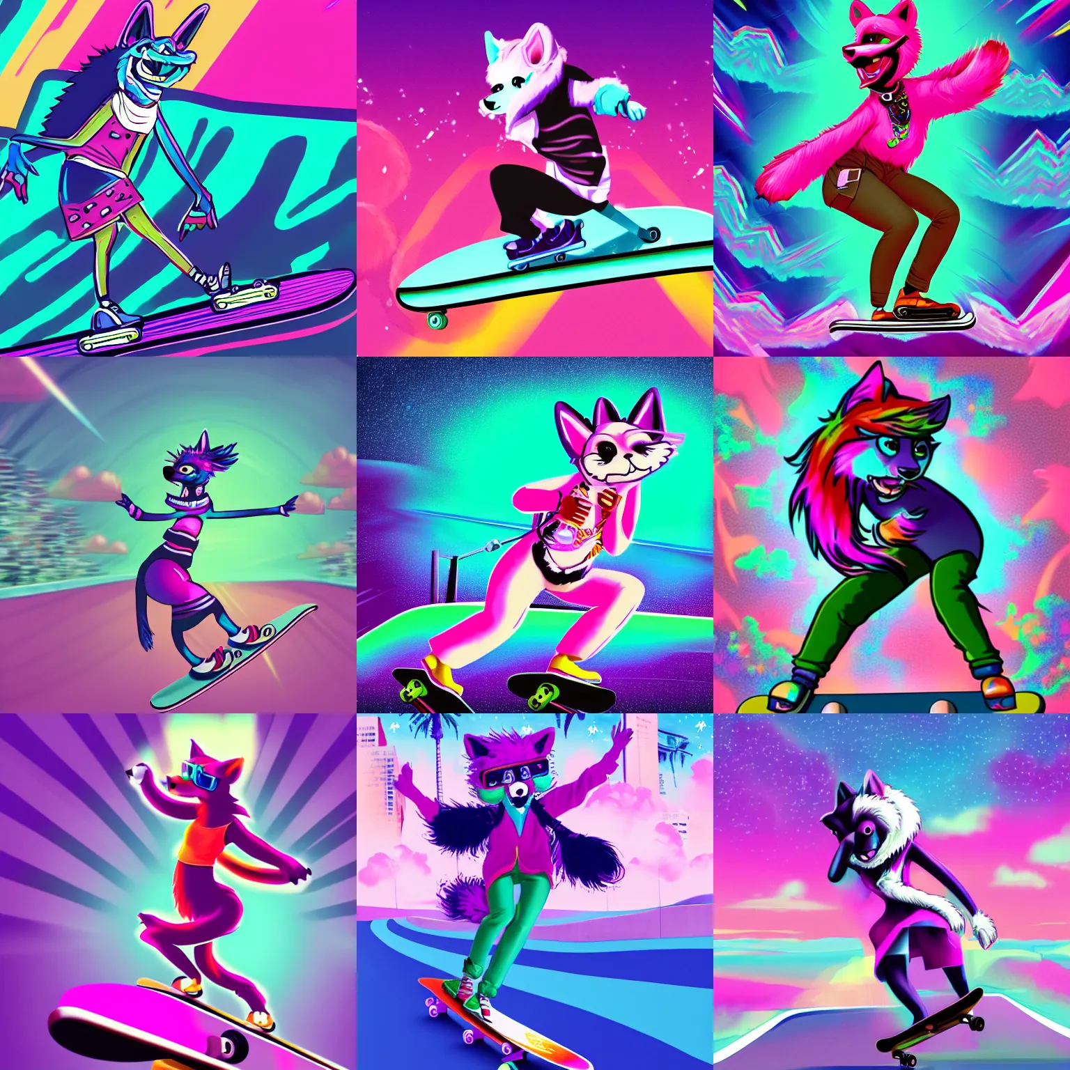 Prompt: vibrant action shot of an anthropomorphic furry woman riding a skateboard with vaporwave background, furaffinity