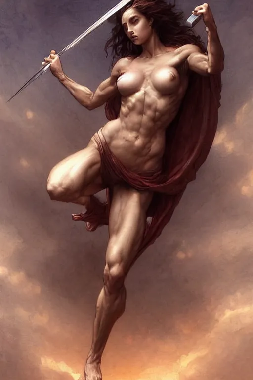 Prompt: Beautiful muscular skinny heroine with thick thighs and large breasts - in the style of greg rutkowski, by Gustave Doré, by Marco Turini, by Artgerm, Deviantart in the style of Tom Bagshaw, Cedric Peyravernay, Peter Mohrbacher by William-Adolphe Bouguereau, by frank frazetta, symetrical features, joyful 4k
