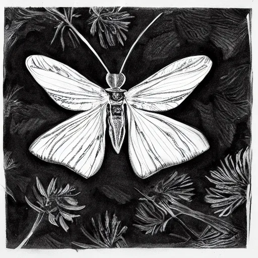 Image similar to moth, black and white, botanical illustration, black ink on white paper, bold lines