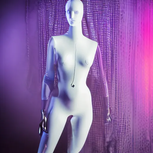 Image similar to a mannequin wearing a futuristic cyperpunk outfit, studio photography, dramatic lighting