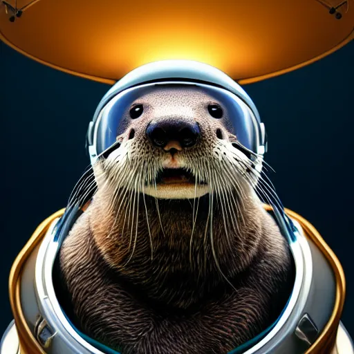 Image similar to a realistic portrait of an otter wearing a space helmet with space and nebula background, trending on artstation, ultra detail, photorealistic, fine detail, cgi, zbrush, global illumination, studio lighting