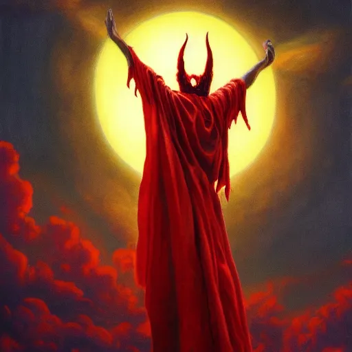 Image similar to realistic painting of a huge bloody satanic figure flying in the sky by michael whelan, ultra realistic, 8 k, streched and creepy painting. trending on, octane renderer, mesmerizing, aesthetic, beautiful