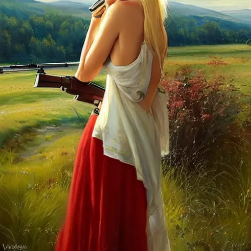 Prompt: mysterious blonde woman in hot dress in the swedish countryside, holding a shotgun, freedom, scenic, beautiful, masterpiece, highly detailed, painting by vladimir volegov