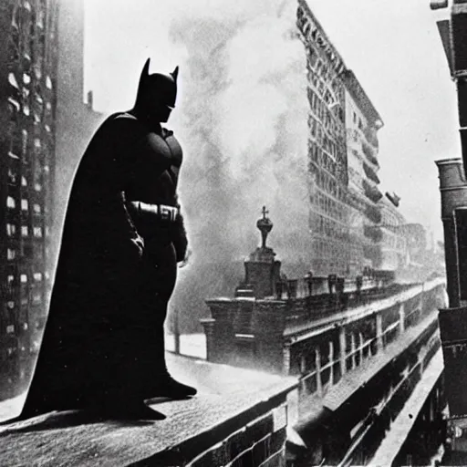 Image similar to a close - up old black and white photo, 1 9 1 3, depicting batman fighting a mafia boss in an ally of new york city, rule of thirds, historical record