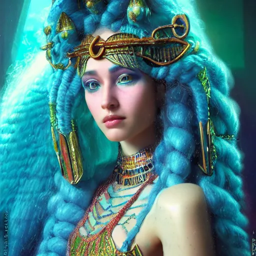 Image similar to octane render, artstation, 8 k, intricate detail, hyper detail, portrait by gaston bussiere, tan skin lady of elche, egyptian sumerian features, techno mystic goddess princess intergalactica inanna with aqua neon rapunzel dreadlocks,