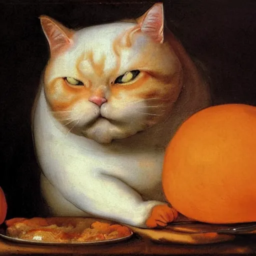 Image similar to realistic baroque painting of a giant fat orange tabby cat preparing to devouring a steaming hot lasagna, oil painting by goya, caravaggio, dramatic lighting, garfield by jim davis