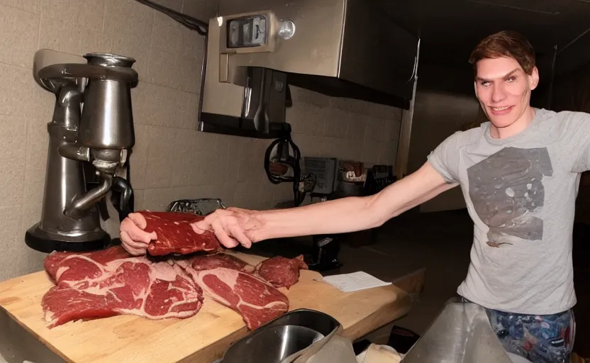 Image similar to jerma putting an arm in a meat grinder