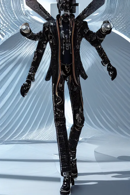 Prompt: futuristic tuxedo made of nanomachines, fashion outfit design, intricate, ornate, luxury, hyper detailed, insanely detailed, corona render, octane render, colorful redshift render, 8 k