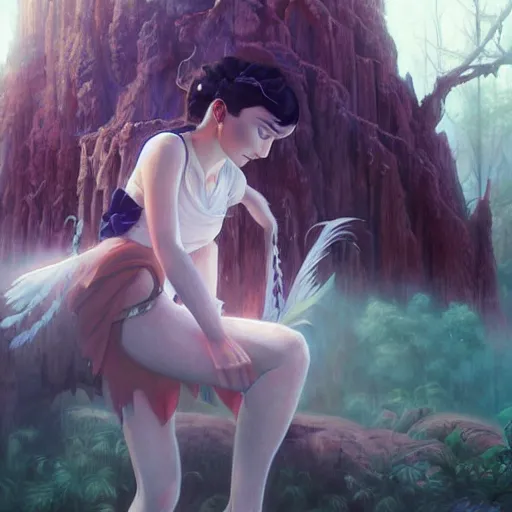 Prompt: a beautiful scenic painting of a beautiful young woman that looks like princess mononoke by artgerm and wlop and wes anderson and spike jonze