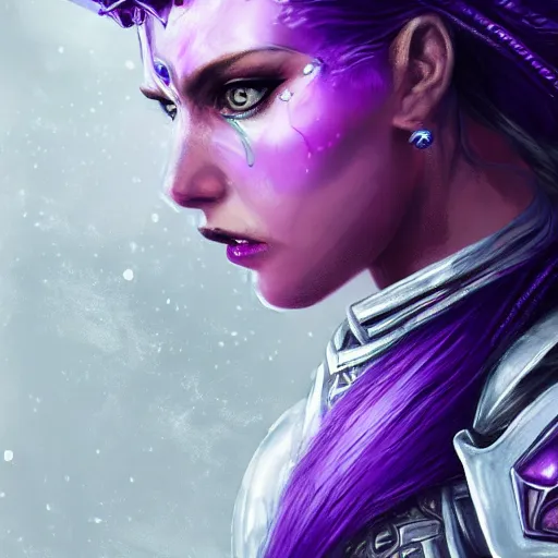 Image similar to extreme close up portrait of a beautiful woman in bionic amethyst armor, female, flowing purple hair, intense stare, stoic, symmetrical, concept art, intricate detail, volumetric shadows and lighting, realistic oil painting magic the gathering style, destiny,