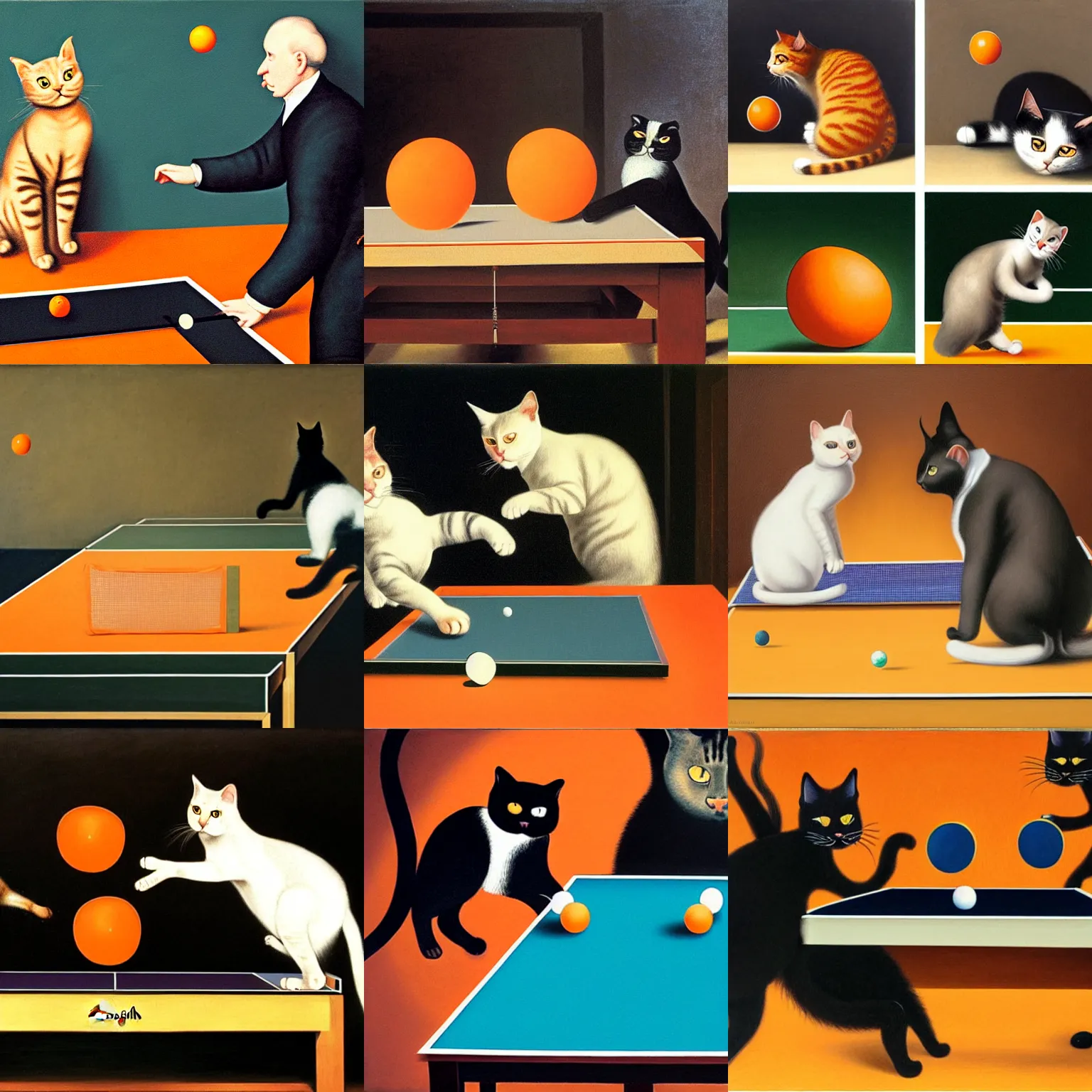 Image similar to a detailed picture of two cats playing ping - pong, orange background, oil painting, velazquez and magritte